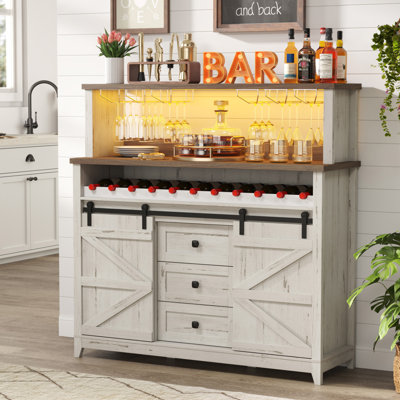 Farmhouse Wine Bar Cabinet With Sliding Bar Door And Led Lights, Sideboard With 2 Layers Tabletops, Wine And Glass Racks, 2 Storage Cabinets With Adju by Gracie Oaks