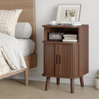 Mid Century Modern Nightstand, Fluted End Table With Open Shelf and Storage Cabinet, Curved Round Edge Wood Bedside Table with Slide Doors by George Oliver