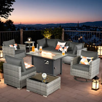 Wicker 6 - Person Outdoor Seating Group With Cushions With Fire Pit Table And Swivel Rocking Chairs
