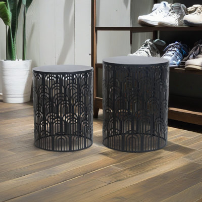 Set Of 2 Hollow-Carved Round Metal End Tables by Mercer41