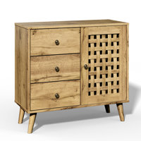 Vintage Wooden Storage Cabinet With Basket Weave Wooden Door & 3 Drawers