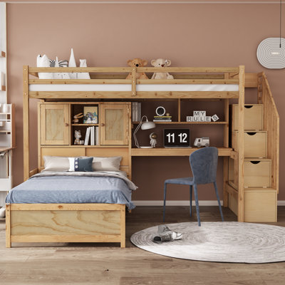 Twin Over Twin Loft Bed With Built-In Desk And Staircase, With Storage Compartments And Shelves by Harriet Bee