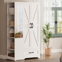 70" Wooden Bedroom Wardrobe With Barn Doors And Drawers And Full Mirror And 5 Storage Shelves by August Grove