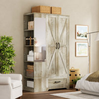 70" Wooden Bedroom Wardrobe With Barn Doors And Drawers And Full Mirror And 5 Storage Shelves by August Grove