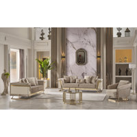 Tedmann 3-Piece Living Room Set – Beige Sofa, Loveseat, and Chair with Gold Accents by Everly Quinn