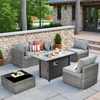 Wicker 4 - Person Outdoor Conversation Set With Fire Pit Table With Cushions by Latitude Run