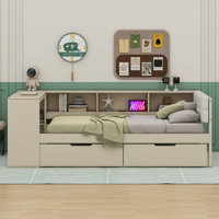 Wood Platform Bed with Storage Shelves, Drawers, Charging Station