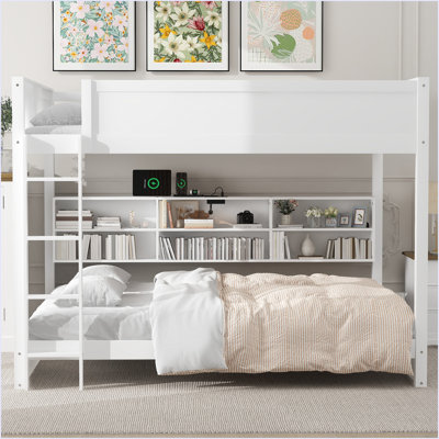 Queen Over Queen Bunk Bed With Storage Cabinets And USB Ports by Grovelane