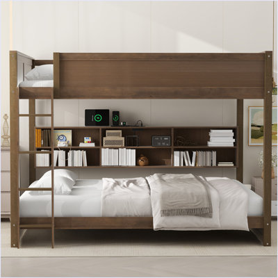 Queen Over Queen Bunk Bed With Storage Cabinets And USB Ports by Grovelane