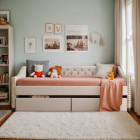 Full Daybed with 2 Storage Drawers, Upholstered Full Size Sofa Bed Day Bed with Wood Slat Support, Beige by Lark Manor