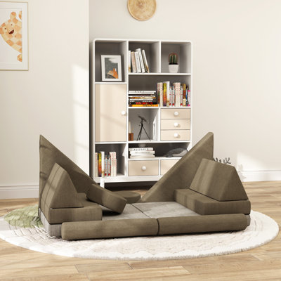 Modular Kids Play Couch, 12 Piece Kids Couch for Playroom Bedroom, Convertible Sofa Lounger, Khaki