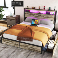 Bed Frame with 4 Underbed Drawers, Modern Bed with Storage Headboard, LED Lights and Charging Station by 17 Stories