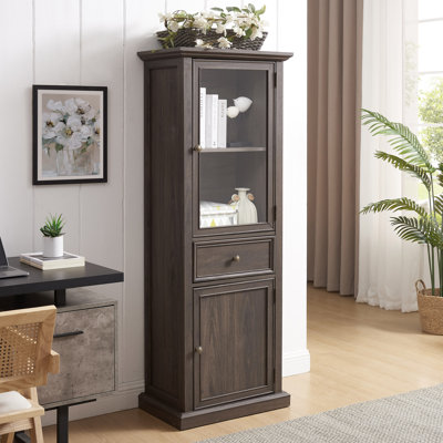 Daniylah Tall Freestanding Storage Cabinet | Clear Glass Door + Adjustable Shelves & 1 Drawer | Versatile Sideboard for Living Room, Kitchen, Dining R