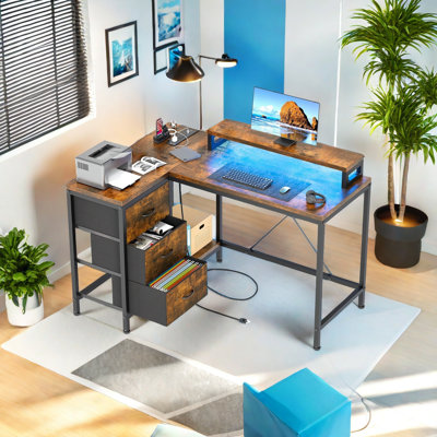 L Shaped Desk With Power Outlets & Led Lights, Corner Desk Computer Desk Gaming Desk For Home Office by Wrought Studio