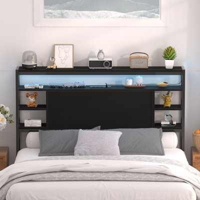 Storage Headboard With LED Lights And Charging Station