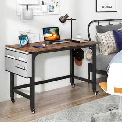2 Pcs Rolling Computer Desk Metal Frame Pc Laptop Table Wood Top Study Workstation by 17 Stories