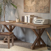 Farmhouse Computer Desk In Natural With Trestle Base Wooden Office Desk by Rosalind Wheeler