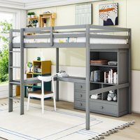 Full Four Drawers Loft Bed With Desk, Storage Shelves And Ladder by Harriet Bee