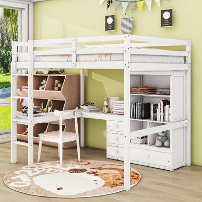 Full Four Drawers Loft Bed With Desk, Storage Shelves And Ladder by Harriet Bee