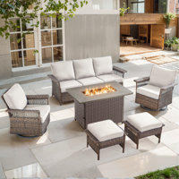 Anferney 6-Pieces Outdoor Wicker Patio Conversation Set with Fire Pit Table and Ottomans by Bay Isle Home