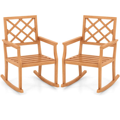 2 Pcs Teak Wood Rocking Chair With Backrest And Slatted Seat Backyard And Lawn by Lark Manor