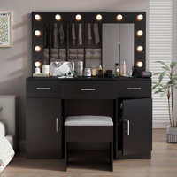 Large Makeup Vanity Set with Lights, USB & Power Outlet,3 Drawers by Latitude Run