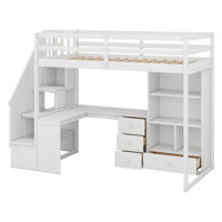 Loft Bed With L-Shaped Desk,Drawers,Cabinet And Storage Staircase by Harriet Bee