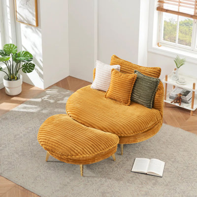 Nibbets 45.3" Wide Corduroy Upholstered Chaise Lounge Chair Round Accent Chair with Ottoman by Everly Quinn