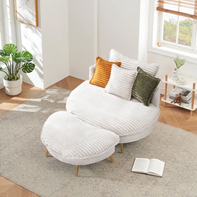 Nibbets 45.3" Wide Corduroy Upholstered Chaise Lounge Chair Round Accent Chair with Ottoman by Everly Quinn