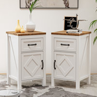 Set Of 2 End Table, Modern Farmhouse Sofa Table Rustic Nightstand With Storage Cabinets And Drawers, Side Tables For Living Room, Bedroom, White by Gracie Oaks