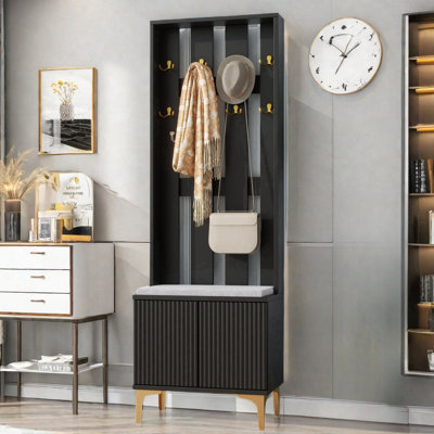 Boutwell Hall Tree With Cushion, Versatile Coat Rack With 8 Gold Hooks And Legs, Entryway Bench With Adjustable Shelves & Fluted Doors by Mercer41