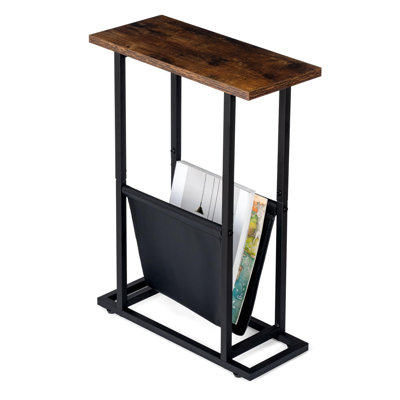 Narrow Side Table With PU Leather Magazine Holder Rustic Slim Little Thin Table For Living Room, Bedroom, Sofa, Rustic Brown by 17 Stories