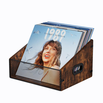 Vinyl Record Storage Holder, Trapezoidal LP Vinyl Record Crate With Handle, Wood & Metal Album Storage Desktop Organizer Box For Books Files, Rustic B by 17 Stories