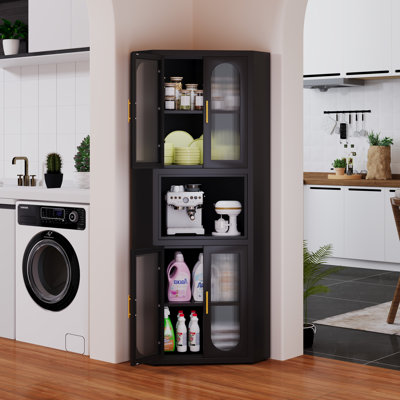 Metal Tall Corner Pantry Storage Cabinet With Acrylic Glass Doors & 1 Open Bar Shelf For Kitchen & Living Room by Mercer41