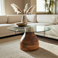 Verniece Coffee Table Wood Glass Metal Base Modern Sculptural Design with Sleek Round Top and Decorative Mixed-Material Construction for Contemporary by Canora Grey