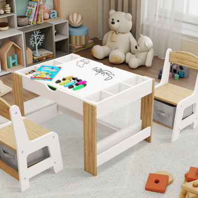 Wooden Kids Play Table And 2 Chairs Set With 7 Storage Compartments by Harriet Bee