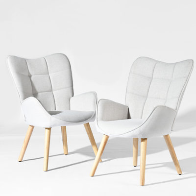 Upholstered Accent Chairs with Biscuit-Tufted High Back & Solid Wood Legs