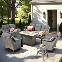 Demariea Outdoor Wicker 7 Person Seating Group With Fire Pit Table With Rocking And Swivel Chairs