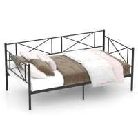 Twin Size Metal Daybed Frame Home Modern 2-in-1 Sofa Bed With Railings Heavy-duty Metal Slats Platform Bed