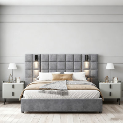 3-Pieces Bedroom Sets PU Storage Bed with LED Lights and USB charger,Nightstands Set of 2  with Charging Station and LED Lights by Wrought Studio