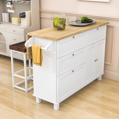 Nels 3-Piece Wooden Kitchen Island Set, Kitchen Island with Drop Leaf, Storage Cabinet and 2 Stools