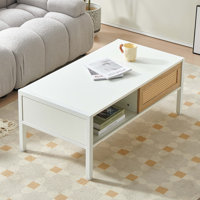 Rattan Coffee table, sliding door for storage, metal legs, Modern table for living room by Bayou Breeze