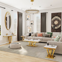 Coffee Table Set, Modern Gold Coffee Table With 4 Geometric Polished Bases And Rectangular Gold Console Table With White Top For Living Room (Coffee T by Everly Quinn