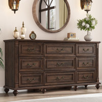 63" Farmhouse 9 Drawer Wood Dresser For Bedroom With 6 Solid Wood Feet And Roman Column Decor by Charlton Home