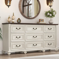 63" Farmhouse 9 Drawer Wood Dresser For Bedroom With 6 Solid Wood Feet And Roman Column Decor by Charlton Home