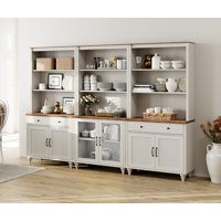 Sideboard Cabinet With Bar Hutch, Buffet Cabinet With Glass Doors, 3 Tier Shelves And Wood Storages, White, 101