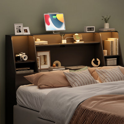 Boookcase Headboard With Charging Station & Light Strips by Wrought Studio
