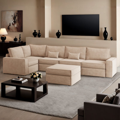 Modular L-shaped Sectional Corduroy Sofa With Movable Ottoman by Ebern Designs