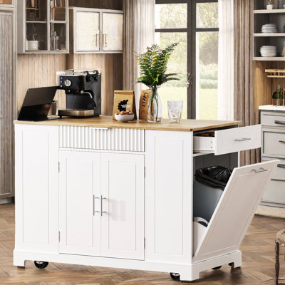 Bickley  Kitchen Island With Tilt-out Trash Can, Power Outlet, Internal Storage Rack, 3 Drawers And 3 Open Side Racks by Lark Manor