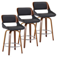 Somerville Mid-Century Faux Leather and Wood 26" Counter Stool with Swivel, Set of 3 - Walnut by Corrigan Studio